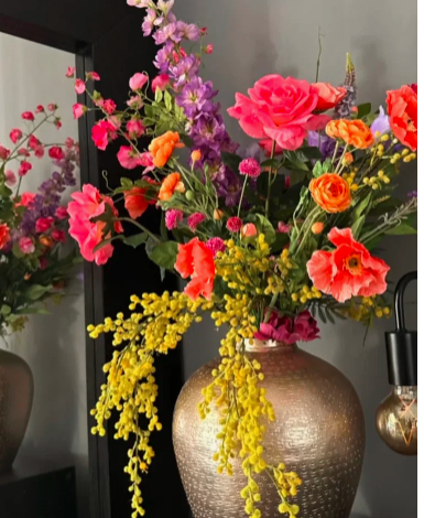 Large Artificial Orange Mixed Floral Arrangement in Metal Planter