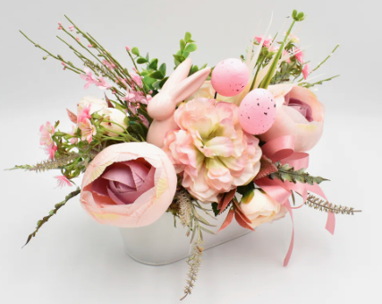 Faux Pink/Cream Floral Table Decoration 20cm on Wooden Base