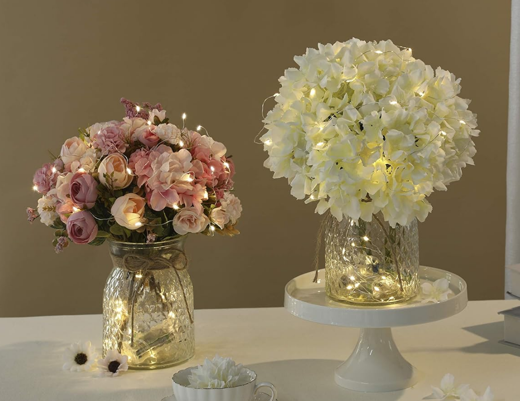 Artificial Rose Bouquets with LED Lights and Glass Vase