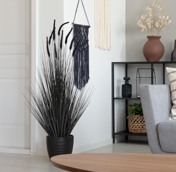 Artificial Horsetail Reed Grass Black Potted Plant