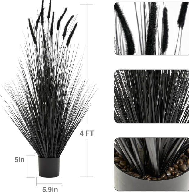 Artificial Horsetail Reed Grass Black Potted Plant