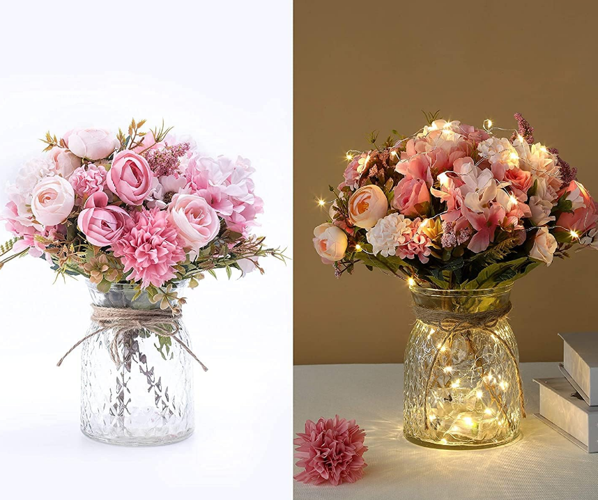 Artificial Rose Bouquets with LED Lights and Glass Vase