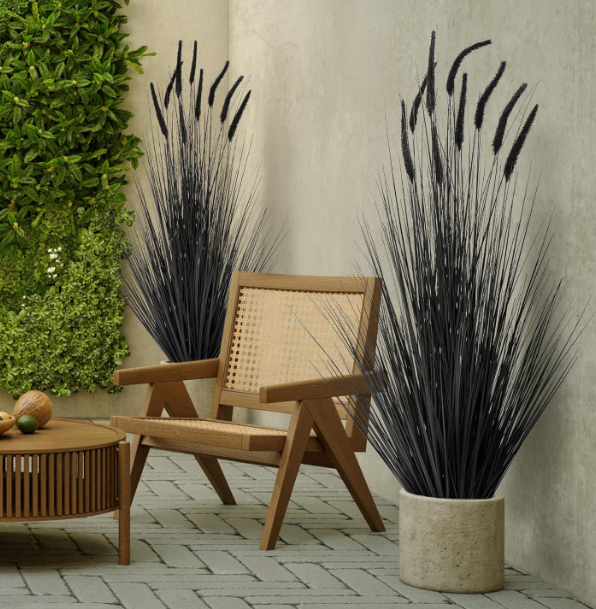 Artificial Horsetail Reed Grass Black Potted Plant