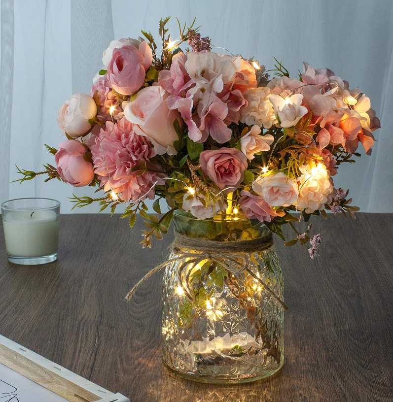 Artificial Rose Bouquets with LED Lights and Glass Vase