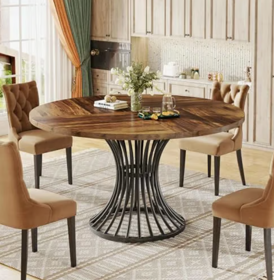 Brown Round Dining Table for 6 People Wooden - Image 2