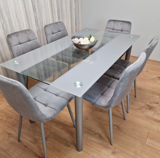 Grey and Clear Tempered Glass Dining Table with 6 Grey Velvet Tufted Chairs