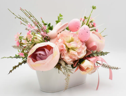 Faux Pink/Cream Floral Table Decoration 20cm on Wooden Base