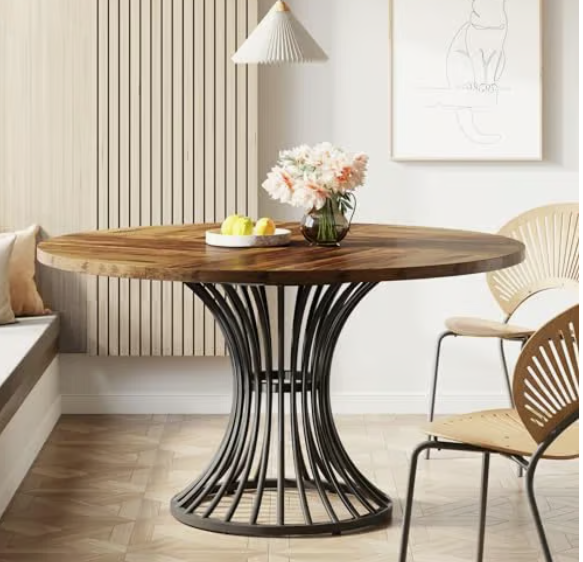 Brown Round Dining Table for 6 People Wooden - Image 3