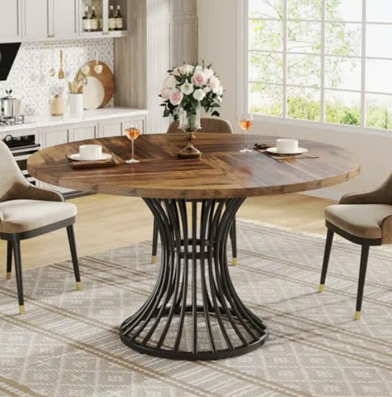 Brown Round Dining Table for 6 People Wooden - Image 4