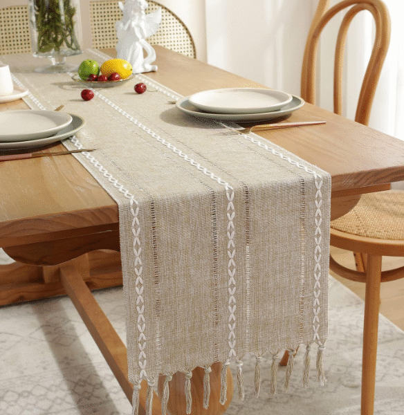 Rustic Table Runner with Tassels – Handmade Braided Polyester Burlap