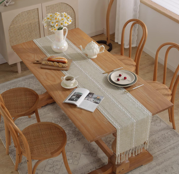 Rustic Table Runner with Tassels – Handmade Braided Polyester Burlap - Image 2