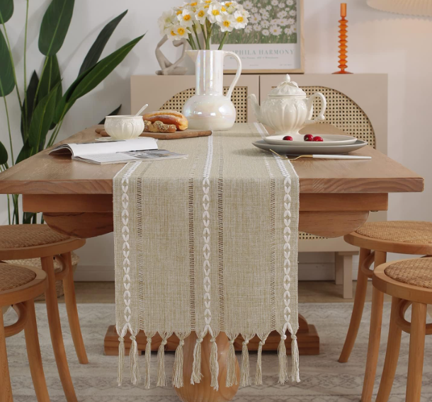 Rustic Table Runner with Tassels – Handmade Braided Polyester Burlap - Image 3